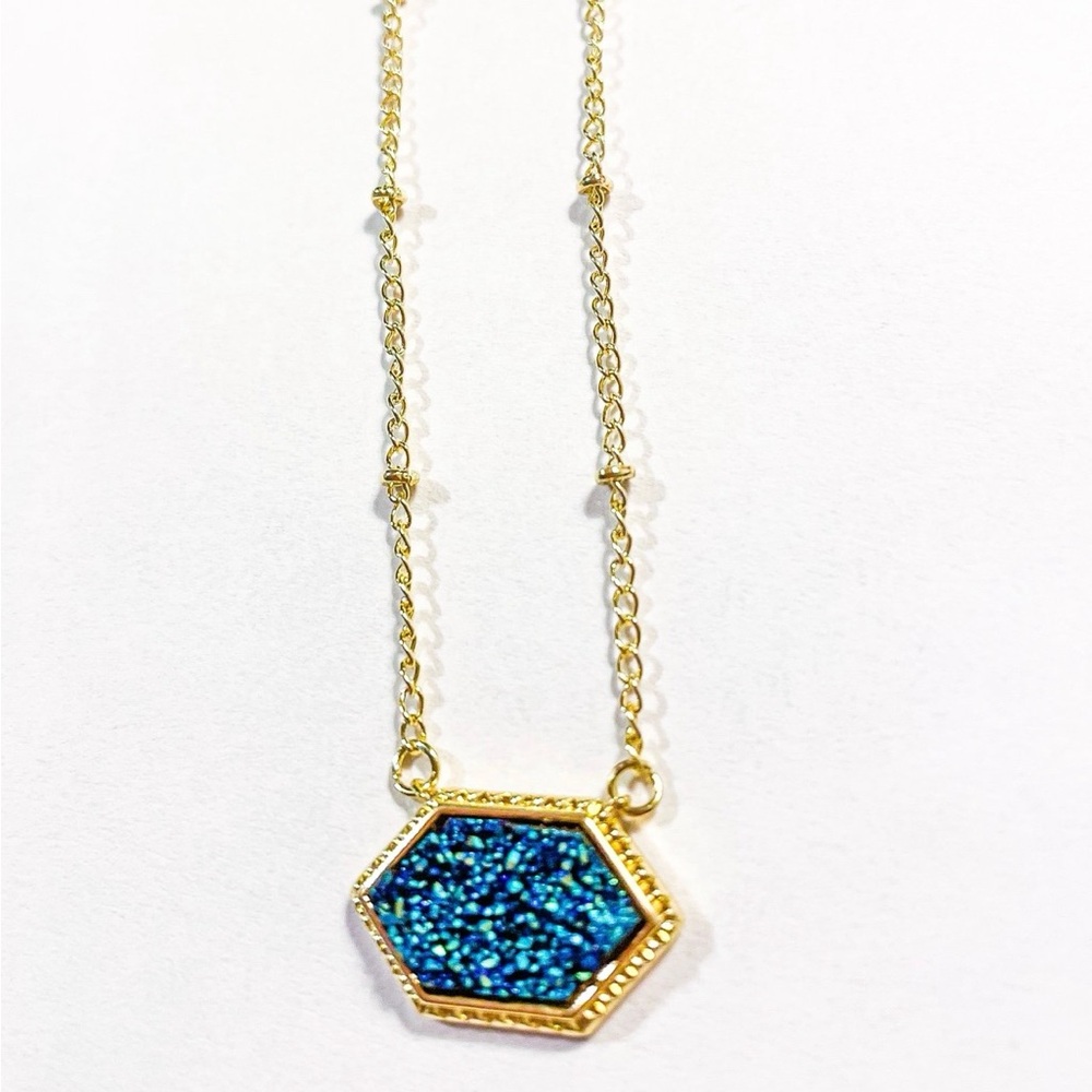 Iridescent Blue & Green Druzy Gold Pendant Necklace